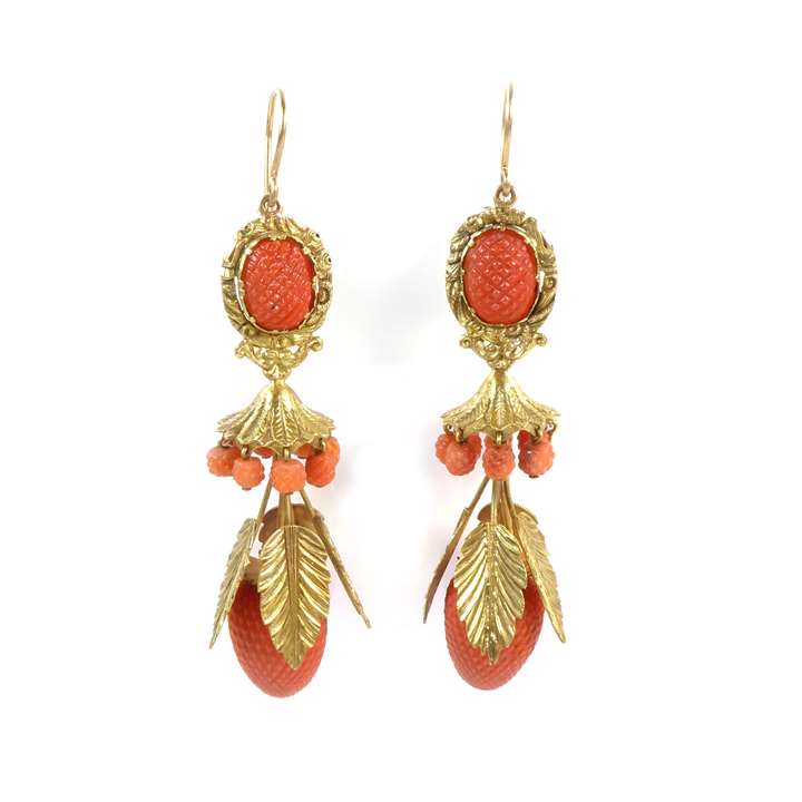 Carved corallium rubrum and gold pendant earrings